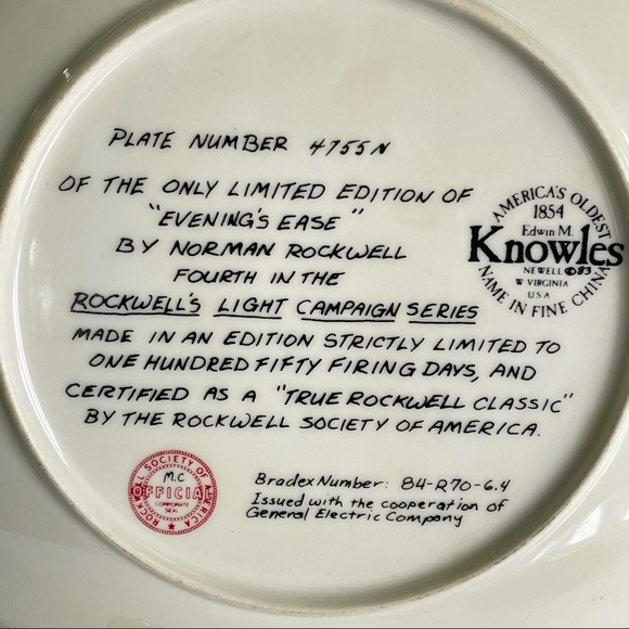 America’s Oldest Knowles Vintage Plate 4755N by Norman Rockwell Evening’s Ease - Picture 7 of 8